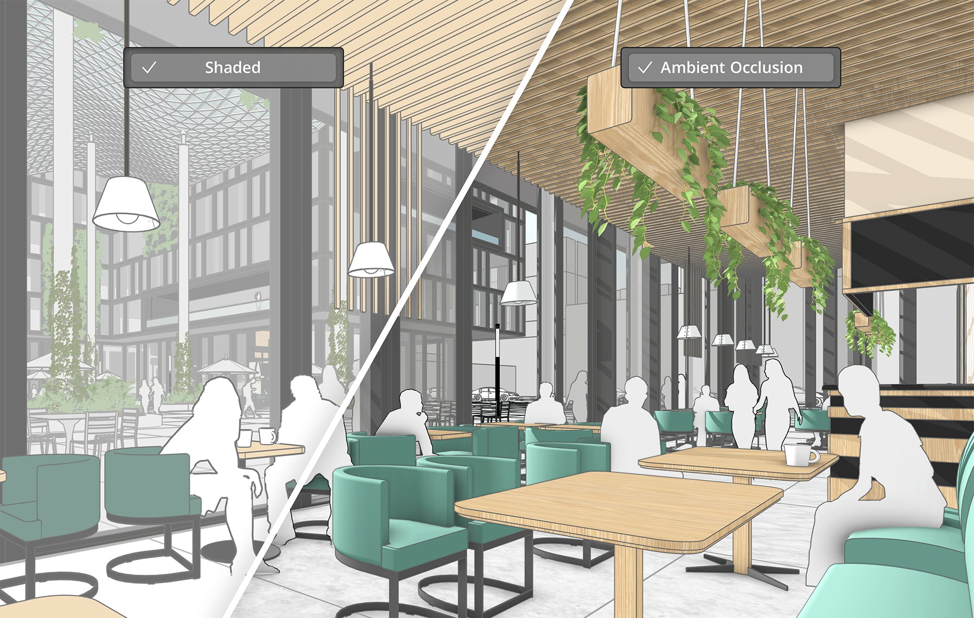 The first image shows a scene in SketchUp of a modern cafe with people sitting down enjoying coffee. The second image is the same screen with Ambient Occlusion turned on.